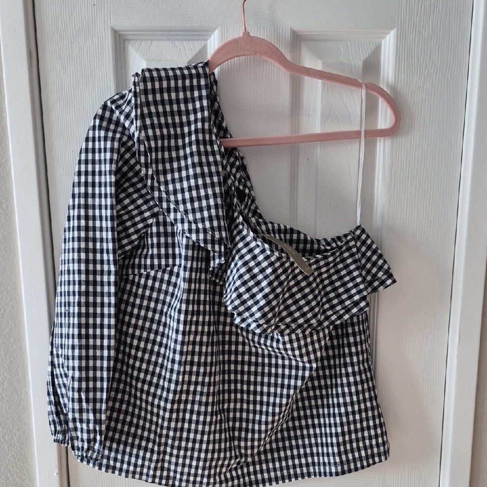J. Crew Girls Black & White Gingham One-Shoulder Ruffle Top